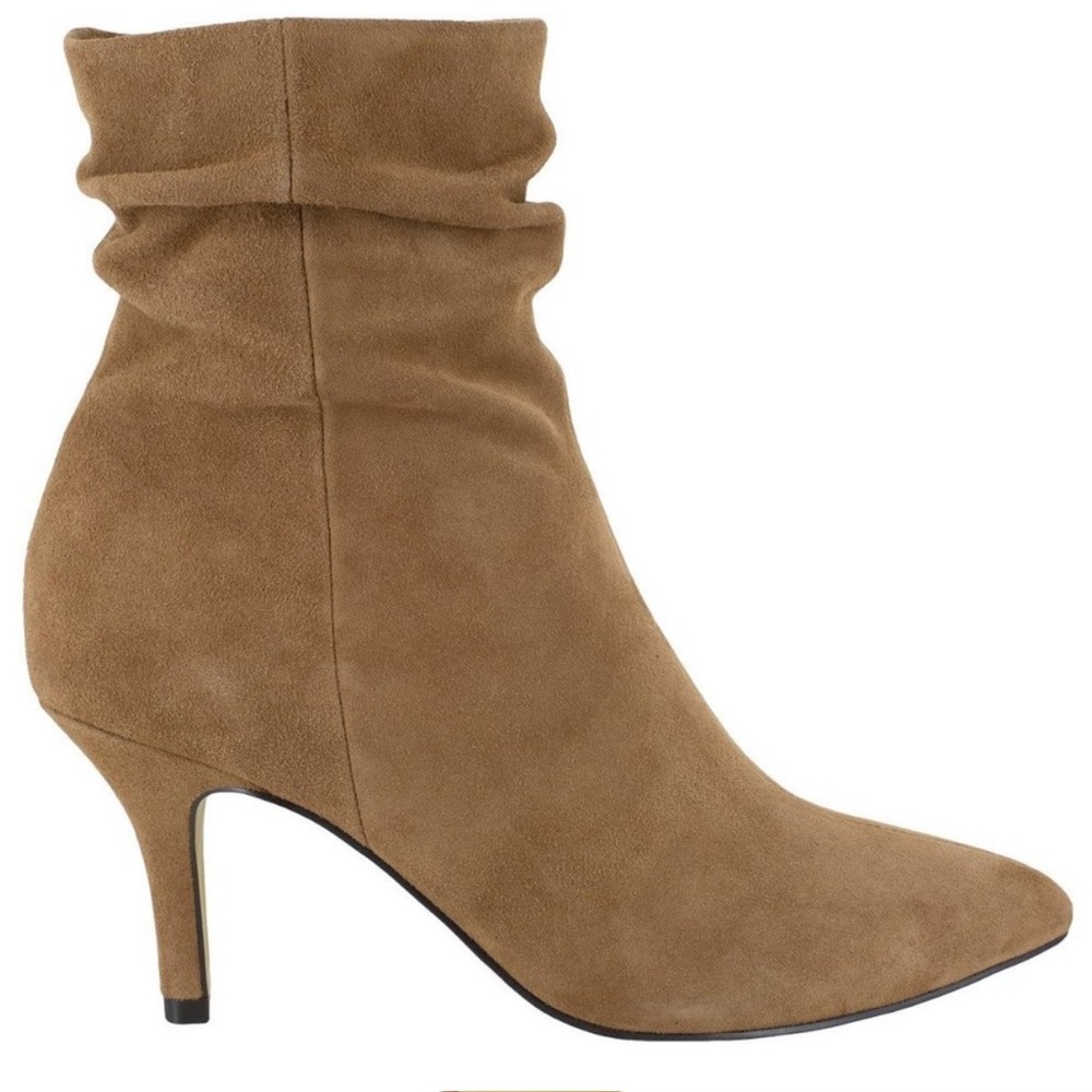 Tan suede Danielle mini low heeled booties